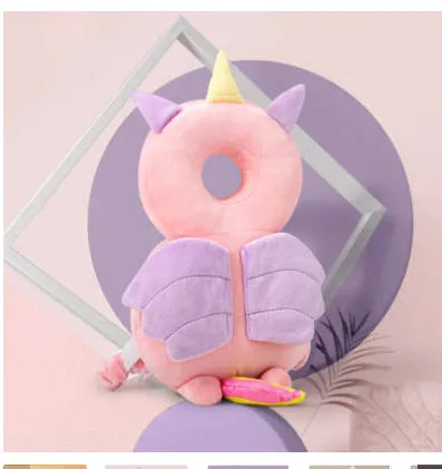 Unicorn baby head protector backpack shown from the back with wings and adjustable harness